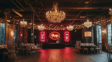 Elegant Event Space With Chandeliers and Neon Sign in Rustic Venueの素材