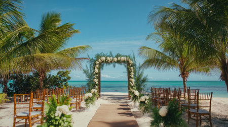 Tropical Beach Wedding Setup With Floral Arch and Chairs Under Palm Treesの素材