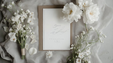 Elegant White Floral Arrangement With Invitation Card on Textured Backgroundの素材