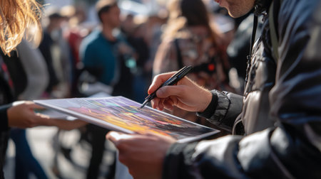Artist creating a vibrant painting in a busy outdoor market during the dayの素材