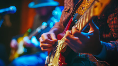 Musicians performing at a live concert in a cozy venue during evening hoursの素材
