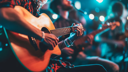 Musicians performing an acoustic set during a lively night at a local venueの素材