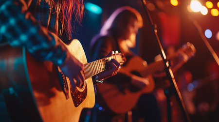 Musicians performing acoustic guitar music at a vibrant night venueの素材