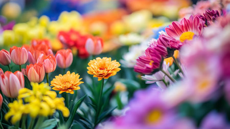 Vibrant garden blooms in full spring colors at a local flower marketの素材