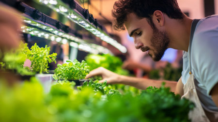 Young man tending to herbs in a modern indoor garden during evening hoursの素材