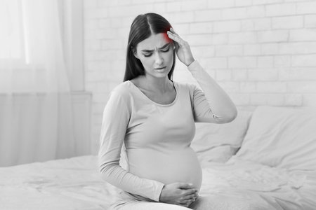Pregnant Woman Touching Head With Red Pain Zone At Homeの写真素材