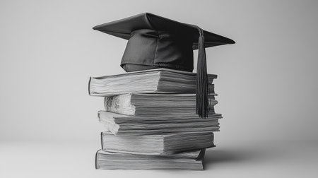 Graduation cap on a stack of books representing academic achievement and educationの素材