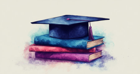 Graduation cap resting on stacked books in a colorful artistic illustrationの素材