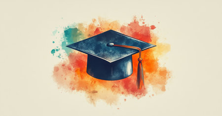 Colorful artistic rendering of a graduation cap with vibrant splashes in the backgroundの素材