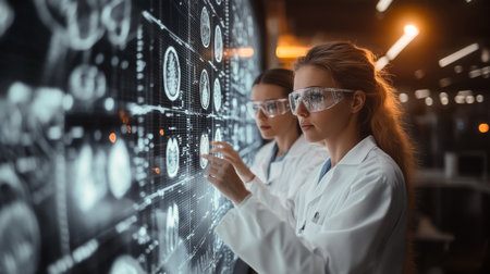 Scientists analyzing data on a digital interface in a modern laboratory at nightの素材