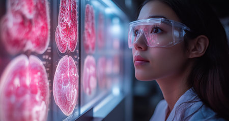 Young woman analyzes brain images in a modern research lab during evening hoursの素材