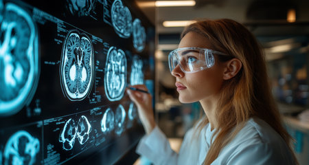 Scientist analyzing brain scans in a modern research lab during the dayの素材