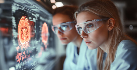 Scientists analyzing brain scans in a high-tech laboratory during a research projectの素材