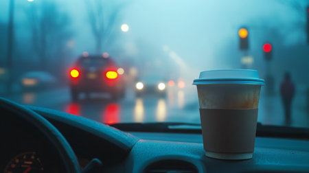 Coffee cup sitting on a car dashboard during a foggy evening drive in the cityの素材