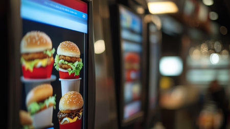 Fast food display featuring burgers in a restaurant during evening hoursの素材