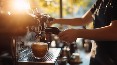 Barista preparing espresso at a busy cafe during golden hourの素材