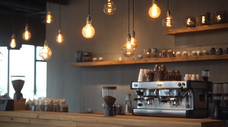 Coffee shop interior with hanging lights and espresso machine at eveningの素材