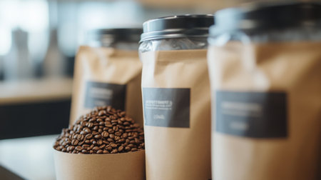 Freshly roasted coffee beans displayed beside packaged coffee at a local cafeの素材