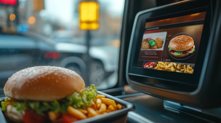 Fast food meal with burger and fries displayed on a digital menu in a restaurant settingの素材