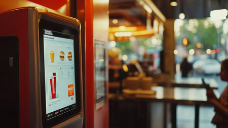 Self-service kiosk displaying menu items at fast food restaurant during rush hourの素材