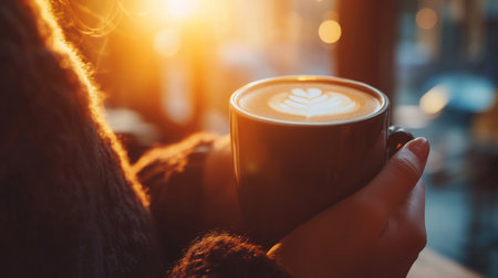 Warm latte held by a person during sunset at a cozy cafeの素材