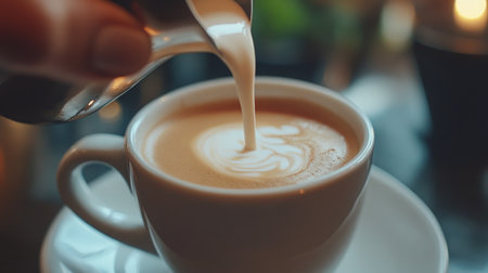Pouring steamed milk into a cup of coffee at a cozy cafe in the morningの素材