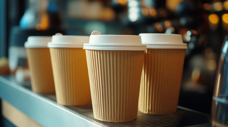 Hot coffee cups lined up on a counter in a bustling cafe during morning hoursの素材
