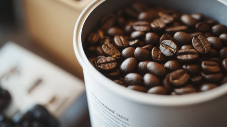 Freshly roasted coffee beans in a silver container on a wooden tableの素材