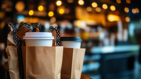 Two coffee cups in brown paper bags on a counter in a cozy cafe with warm lightingの素材