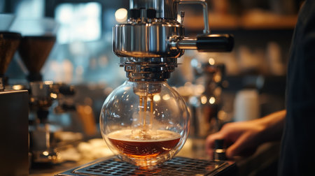Brewing coffee in a modern cafe using a vacuum siphon on a busy morningの素材