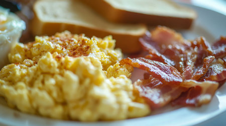 Delicious breakfast with scrambled eggs, bacon, and toast served on a white plateの素材