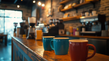Colorful mugs on a wooden counter in a cozy cafe during morning hoursの素材