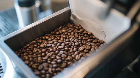 Freshly roasted coffee beans in a grinder ready for brewing in the kitchenの素材