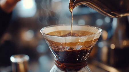 Pouring hot coffee into a filter for brewing in a cozy cafe settingの素材