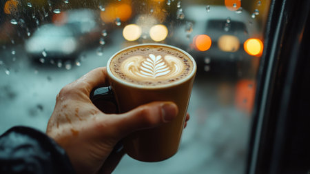 Cozy coffee cup held against a rainy window with blurred city traffic in the backgroundの素材
