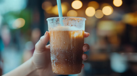 Person holding a cold beverage with ice outdoors on a warm dayの素材