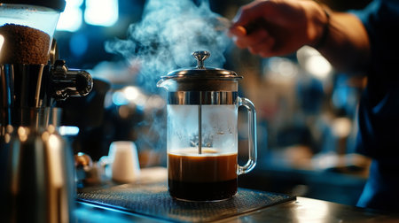 Barista preparing fresh coffee in a bustling cafe in the morning with steam risingの素材