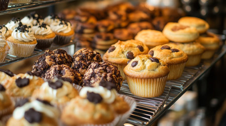 Variety of baked goods displayed in a bakery case on a warm afternoonの素材