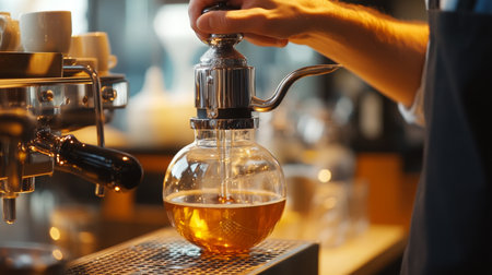 Brewing coffee with a siphon in a cozy cafe during the morningの素材