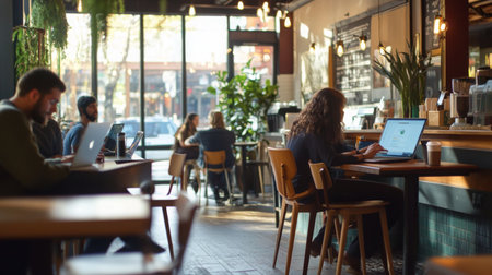 People working and socializing in a cozy cafe during the daytimeの素材