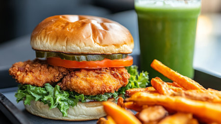 Crispy chicken sandwich with pickles and fresh toppings near sweet potato fries and drinkの素材