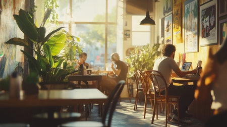 Cozy cafe interior filled with sunlight, featuring customers working and relaxingの素材