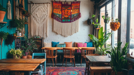 Cozy bohemian cafe interior with colorful decor and plants during daylightの素材