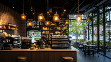 Cozy coffee shop interior with warm lighting and outdoor views during the dayの素材