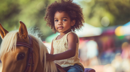 Young child on a pony at a summer fair surrounded by colorful attractionsの素材