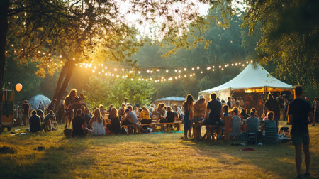 Outdoor gathering with festival lights and tents in a park during sunsetの素材
