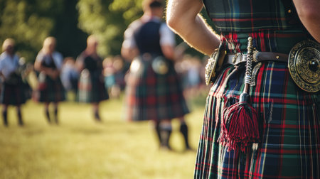 Men in traditional kilts participate in a cultural event during a sunny afternoonの素材
