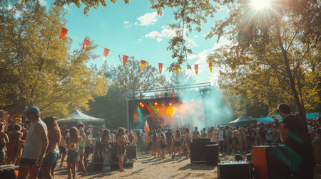 Outdoor music festival on a sunny afternoon with colorful flags and large crowdの素材