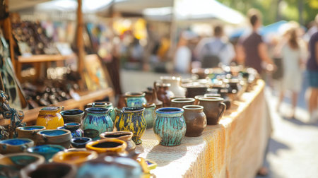 Colorful pottery displayed at a vibrant outdoor market on a sunny dayの素材