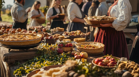 Harvest festival featuring homemade pies and fresh produce outdoors during autumnの素材